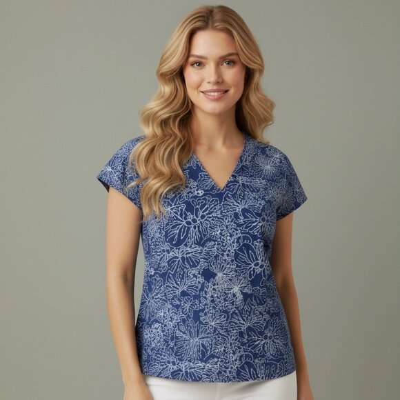 H&M Women's Pullover Blouse Blue Chiffon Flutter Sleeve V-Neck Tunic Top - Picture 2 of 9